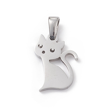 304 Stainless Steel Pendants, Laser Cut, Cat Charms, Stainless Steel Color, 16.5x12x1mm, Hole: 2.5x4.5mm