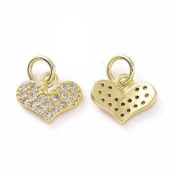 Brass Micro Pave Cubic Zirconia Charms, Real 18K Gold Plated, with Jump Ring, Heart, Clear, 9x10.5x1.5mm, Jump Ring: 5x0.8mm, Inner Diameter: 3.2mm