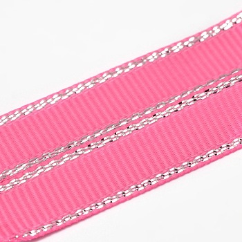 Polyester Grosgrain Ribbons for Gift Packing, Silver Wired Edge Ribbon, Hot Pink, 1/4 inch(6mm), about 100yards/roll(91.44m/roll)