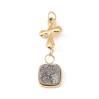 Electroplated Natural Druzy Quartz Pendants, with Ion Plating(IP) 304 Stainless Steel Findings, Hematite Plated, Cross & Square, Golden, 38mm, Jump Ring: 5x0.6mm, 3.8mm Inner Diameter