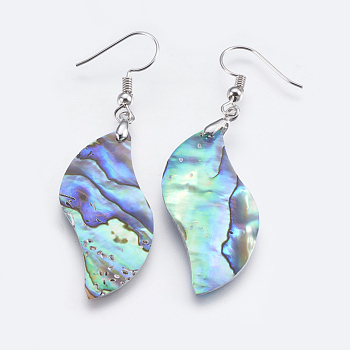 Abalone Shell/Paua Shell Dangle Earrings, with Brass Findings, Platinum, 60.5~61mm, Pin: 0.7mm