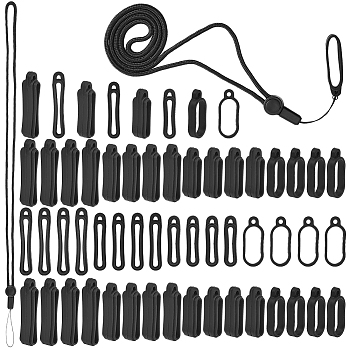 1Pc Adjustable Polyester Neck Lanyard, with 80Pcs 4 Styles Silicone Pendants, Black, 26~450x3.2~15x5.5~9mm, Hole: 3~3.5mm, Inner Diameter: 19~27mm