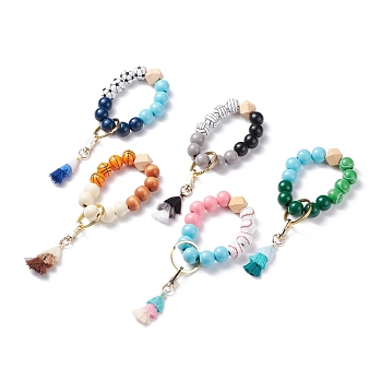 Round & Polygon Natural Wood Beads Stretch Bracelets Keychains, with Polycotton Tassel Pendant and Alloy Findings, Mixed Color, 17.5~18cm