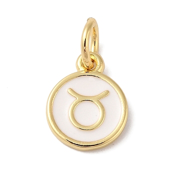 Real 18K Gold Plated Brass Enamel Charms, with Jump Ring, Long-Lasting Plated, Lead Free & Cadmium Free, Flat Round with Taurus Charms, White, 10x8x1mm, Hole: 4mm