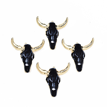 Reisn Pendants, with Golden Tone Brass Findings and Golden Tone Iron Loops, Cattle Skull, Black, 48x46.5x15.5~19.5mm, Hole: 1.6mm