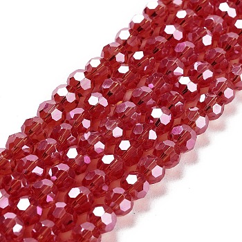 Electroplate Transparent Glass Beads Strands, Faceted, Round, Pearl Luster Plated, FireBrick, 6mm, Hole: 1mm, about 98~100pcs/strand, 20.39~20.59 inch(51.8~52.3cm)