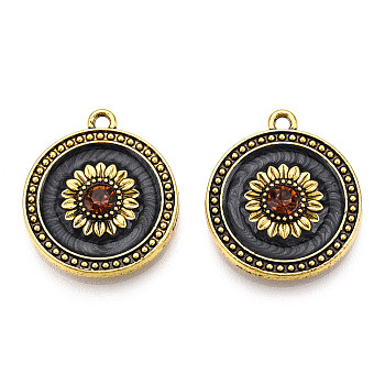 Alloy Enamel Pendants, with Rhinestone, Flat Round with Daisy Charm, Antique Golden, 22.5x20.5x3.5mm, Hole: 1.5mm