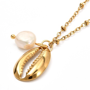 Cowrie Shell & Natural Pearl Pendant Necklace for Teen Girl Women, Golden, 19.4 inch(49.3cm)
