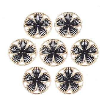 Alloy Filigree Joiners Links, with Polyester Thread, Flat Round with Flower, Golden, Black, 31x2mm
