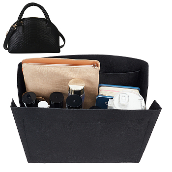 Felt Purse Organizer Insert, Women's Shell Bag Liner, Cosmetics Storage Pouch, with Alloy Zipper, Black, 11x19.5x13.5cm
