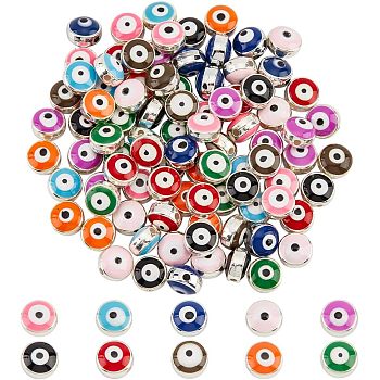 100Pcs 10 Colors CCB Plastic Beads, with Double Side Enamel, Flat Round with Evil Eye, Mixed Color, 8x5mm, Hole: 1.5mm, 10pcs/color