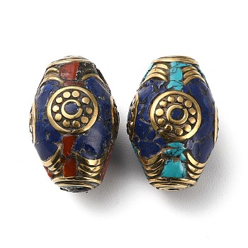 Handmade Tibetan Style Beads, with Brass Findings and Synthetic Turquoise, Antique Golden, Barrel, 24x15.5mm, Hole: 1.2mm