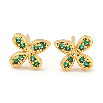 Rack Plating Brass Micro Pave Clear Cubic Zirconia Stud Earrings, with Ear Nuts, Long-Lasting Plated, Flower, Green, 7.5x8.5mm