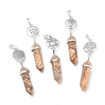 Natural Picture Jasper Pointed Big Pendants, Double Terminated Pointed, with Platinum Plated Brass Findings, Faceted, Bullet, 59~67x14~15mm, Hole: 7x5mm, Gemstone: 41~44x8mm