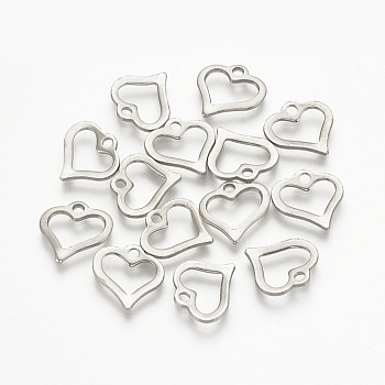 304 Stainless Steel Open Heart Charms, Cut-Out, Hollow, Stainless Steel Color, 11x11x1mm, Hole: 1mm