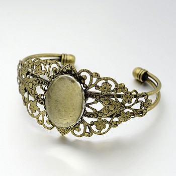 Filigree Brass Cuff Bangle Making and Oval Transparent Glass Cabochons, Antique Bronze, Bangle Making: 63mm, Tray: 25x18mm, Cabochons: 25x18mm
