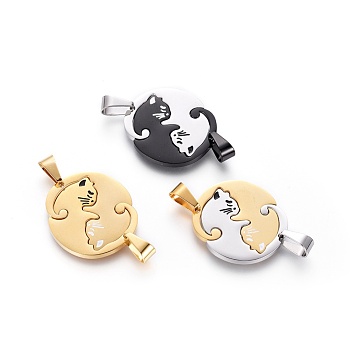 304 Stainless Steel Split Kitten Pendants, with Enamel, Flat Round with Cat Shape, Mixed Color, 27x2mm, Hole: 8x5mm, Single: 24x21x2mm, 2pcs/set