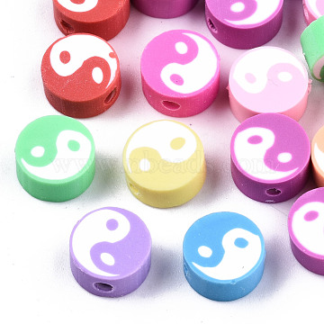 Handmade Polymer Clay Beads, Flat Round with Taiji, Mixed Color, 9~10x4~7mm, Hole: 1.6mm(X-CLAY-T016-30)
