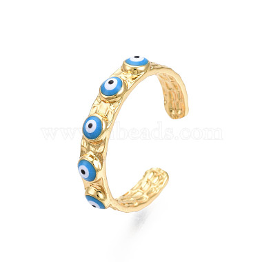 Real 18K Gold Plated Brass Open Cuff Ring with Enamel Evil Eye for Women(RJEW-Q166-02C)-2