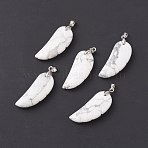 Natural Howlite Pendants, with Platinum Plated Brass Loops, Wing, 36x15~16.6x6.5~7.7mm, Hole: 5x4mm(G-I314-01P-09)