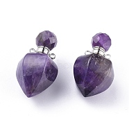 Faceted Natural Amethyst Openable Perfume Bottle Pendants, with 304 Stainless Steel Findings, Peach Shape, Stainless Steel Color, 35~36x18~18.5x21~21.5mm, Hole: 1.8mm, Bottle Capacity: 1ml(0.034 fl. oz)(G-P435-A-02P)
