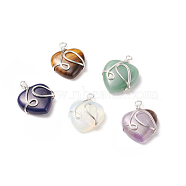 Natural & Synthetic Gemstone Pendants, with Silver Tone Copper Wire Wrapped, Heart, 39~41x30~30.5x8.5~9.5mm, Hole: 4~4.2mm(PALLOY-JF01663)