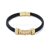 Men's Braided Black PU Leather Cord Bracelets, Chain 304 Stainless Steel Link Bracelets with Magnetic Clasps, Golden, 8-5/8x3/8 inch(22x1cm)(BJEW-K243-66A-G)