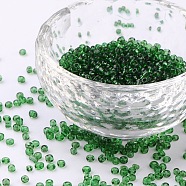 Glass Seed Beads, Transparent, Round, Dark Green, 12/0, 2mm, Hole: 1mm, about 30000 beads/pound(SEED-A004-2mm-7B)