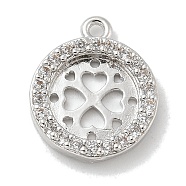 Rack Plating Brass Micro Pave Clear Cubic Zirconia Pendant Cabochon Setttings, Long-Lasting Plated, Lead Free & Cadmium Free, Flat Round with Clover Charms, Platinum, 13.5x11x2.3mm, Hole: 1.2mm, Inner Diameter: 7.8mm(KK-L224-048P)