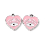 Alloy Enamel Pendants, Platinum, Heart with Eye Charm, Pink, 14.5x13x1.5mm, Hole: 1.6mm(X-ENAM-K066-08I)