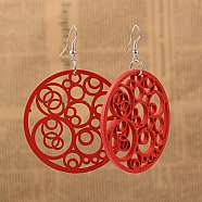 Simple Design Filigree Flat Round Wood Dangle Earrings, with Platinum Plated Iron Earring Hooks, Red, 68mm, Pin: 0.8mm(EJEW-I181-10)