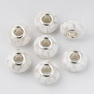 Resin European Beads, Large Hole Beads, with Platinum Tone Brass Double Cores, Rondelle, Floral White, 14x9mm, Hole: 5mm(RPDL-N015-01I)