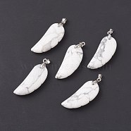 Natural Howlite Pendants, with Platinum Plated Brass Loops, Wing, 36x15~16.6x6.5~7.7mm, Hole: 5x4mm(G-I314-01P-09)