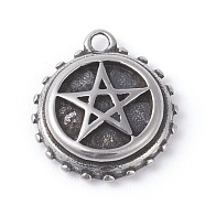 316 Surgical Stainless Steel Pentacle Charms, Flat Round with Star, Antique Silver, 12x13.5x3mm, Hole: 1.5mm(STAS-G186-33AS)