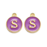 Golden Plated Alloy Enamel Charms, Enamelled Sequins, Flat Round with Alphabet, Letter.S, Purple, 14x12x2mm, Hole: 1.5mm(ENAM-Q437-12S)