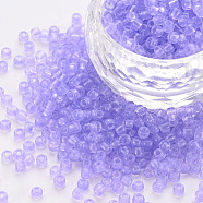 8/0 Transparent Glass Seed Beads, Round Hole, Frosted Inside Colours, Round, Lilac, 3~4x2~3mm, Hole: 0.8mm, about 15000pcs/Pound(SEED-S048-P-005)