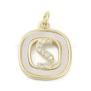 Rack Plating Brass Micro Pave Clear Cubic Zirconia Pendants, with Shell, Cadmium Free & Lead Free, Long-Lasting Plated, Real 18K Gold Plated, with Jump Ring, Letter S, 17.5x15x2.5mm, Hole: 3mm(KK-E102-33G-S)