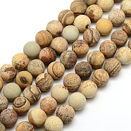 Frosted Natural Picture Jasper Round Bead Strands, 12mm, Hole: 1mm, about 30~32pcs/strand, 14.9~15.6 inch(G-M064-12mm-05)