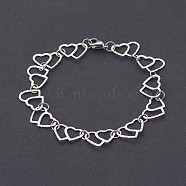 304 Stainless Steel Chain Bracelets, with Lobster Claw Clasps, Heart, Stainless Steel Color, 7-5/8 inch(19.5cm)(BJEW-P236-06P)