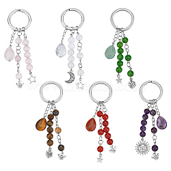 Natural Gemstone Keychains, with Mixed Shapes Tibetan Style Alloy Pendants and 304 Stainless Steel Keychain Clasps, 11cm, 6 styles, 1pc/style, 6pcs/set(KEYC-AB00080)