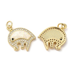 Rack Plating Brass Micro Pave Clear Cubic Zirconia Pendants, with Resin Imitation Opal, Cadmium Free & Lead Free, Long-Lasting Plated, Elephant Charms, Real 18K Gold Plated, 17x19x3.5mm, Hole: 3.4mm(KK-C025-07G)