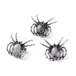 Natural Snowflake Obsidian Brooch, with Alloy Findings and Glass, Spider, Antique Silver, 34~35x41~42x7mm, Hole: 3x5mm(G-A176-C18-1)