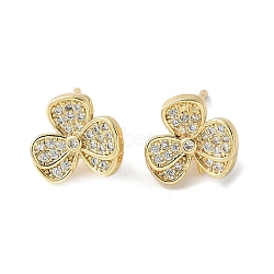 Clover Brass Micro Clear Cubic Zirconia Stud Earrings, Long-Lasting Plated, Lead Free & Cadmium Free, Real 18K Gold Plated, 12x13.5mm(KK-S516-05G)