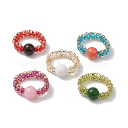 Glass Seed Beaded Stretch Finger Rings, with Natural Mashan Jade & Black Onyx Beads, Round, Mixed Color, Inner Diameter: 18mm(RJEW-MZ00019)