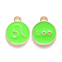 Alloy Enamel Pendants, Cadmium Free & Lead Free, Flat Round with Constellation, Light Gold, Pale Green, Leo, 22x18x2mm, Hole: 1.5mm(X-ENAM-S124-01A-06G)