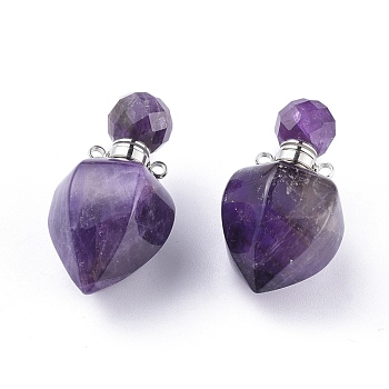 Faceted Natural Amethyst Openable Perfume Bottle Pendants, with 304 Stainless Steel Findings, Peach Shape, Stainless Steel Color, 35~36x18~18.5x21~21.5mm, Hole: 1.8mm, Bottle Capacity: 1ml(0.034 fl. oz)