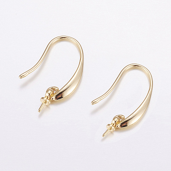 Brass Earring Hooks, For Half Drilled Beads, Long-Lasting Plated, Cadmium Free & Nickel Free & Lead Free, Real 18K Gold Plated, 24x3x2.5mm, Pin: 1mm