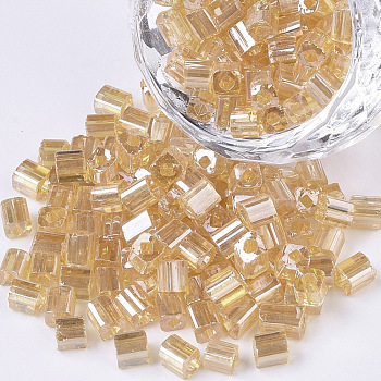 6/0 Glass Seed Beads, Transparent Colours Luster, Square Hole, Cube, BurlyWood, 6/0, 3~5x3~4x3~4mm, Hole: 1.2~1.4mm, about 4500pcs/bag