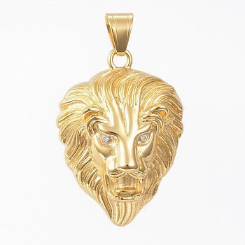304 Stainless Steel Pendants, with Rhinestones, Lion, Golden, 45.5x32.5x15mm, Hole: 10x7mm