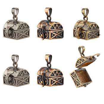 6Pcs Carved Cuboid Rack Plating Brass Prayer Box Pendants, Wish Box Charms, Mixed Color, 17x16x18mm, Hole: 5x3mm
